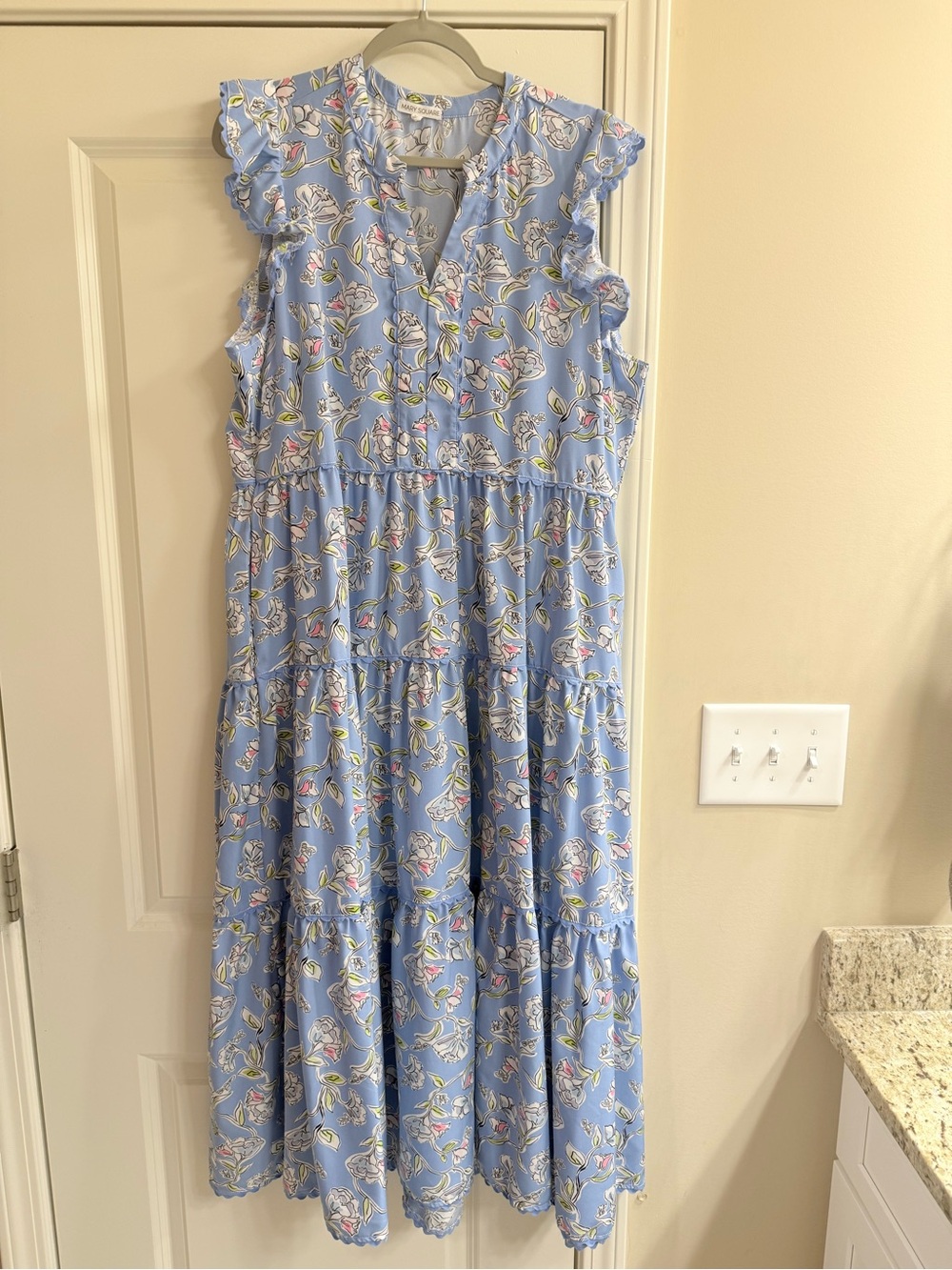 Mary Square Blue Floral Ruffle Sleeve Dress